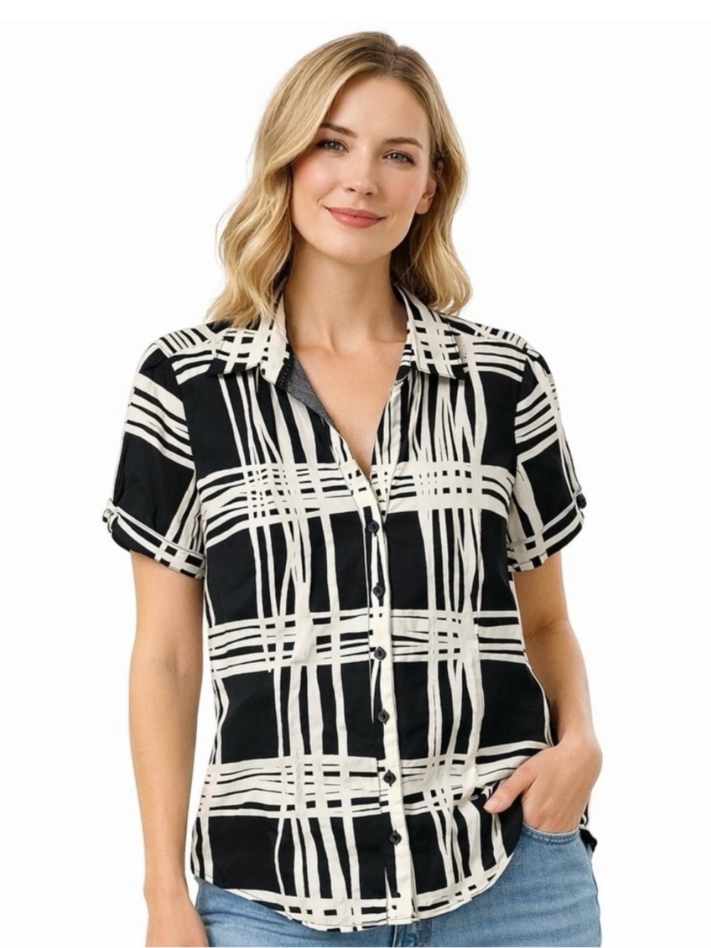 Express black white abstract plaid fitted office short sleeve button up Top M